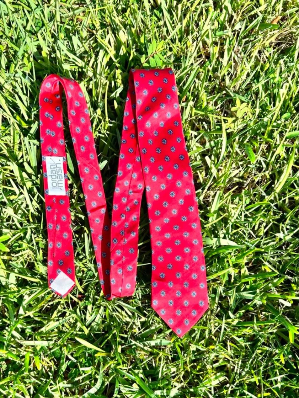 Christian Dior Monsieur Red Silk Tie Blue Floral Medallion Pattern54”x3” France.